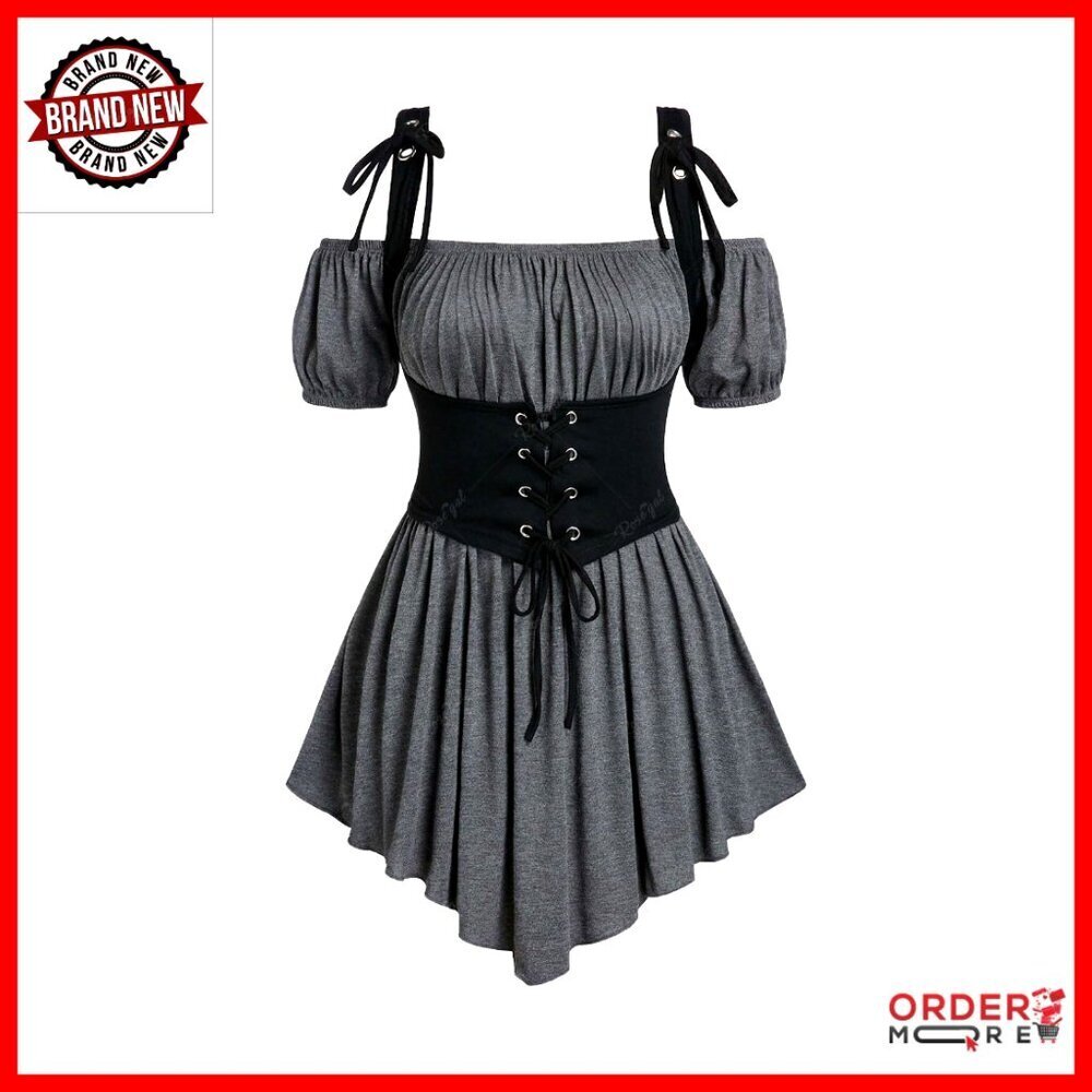 Gothic Off Shoulder Corset Top Renaissance Medieval Peasant Shirt Lace Up
